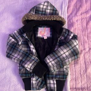 OP Plaid Jacket with Faux Fur Hood